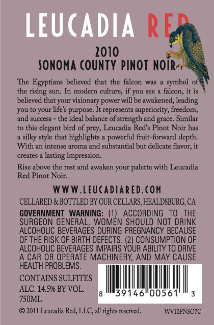 Leucadia Red 2010 Sonoma County Pinot Noir back label Leucadia Red 2010 Sonoma County Pinot Noir